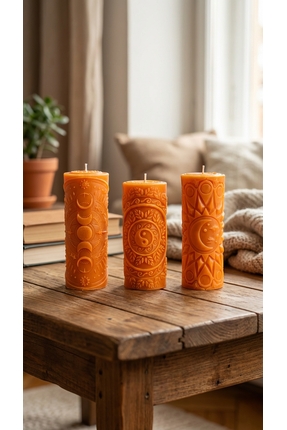 Raw Home Spiritüel Tasarım Kabartmalı 3’lü Ritüel Mum Seti – %100 Soya Wax El...