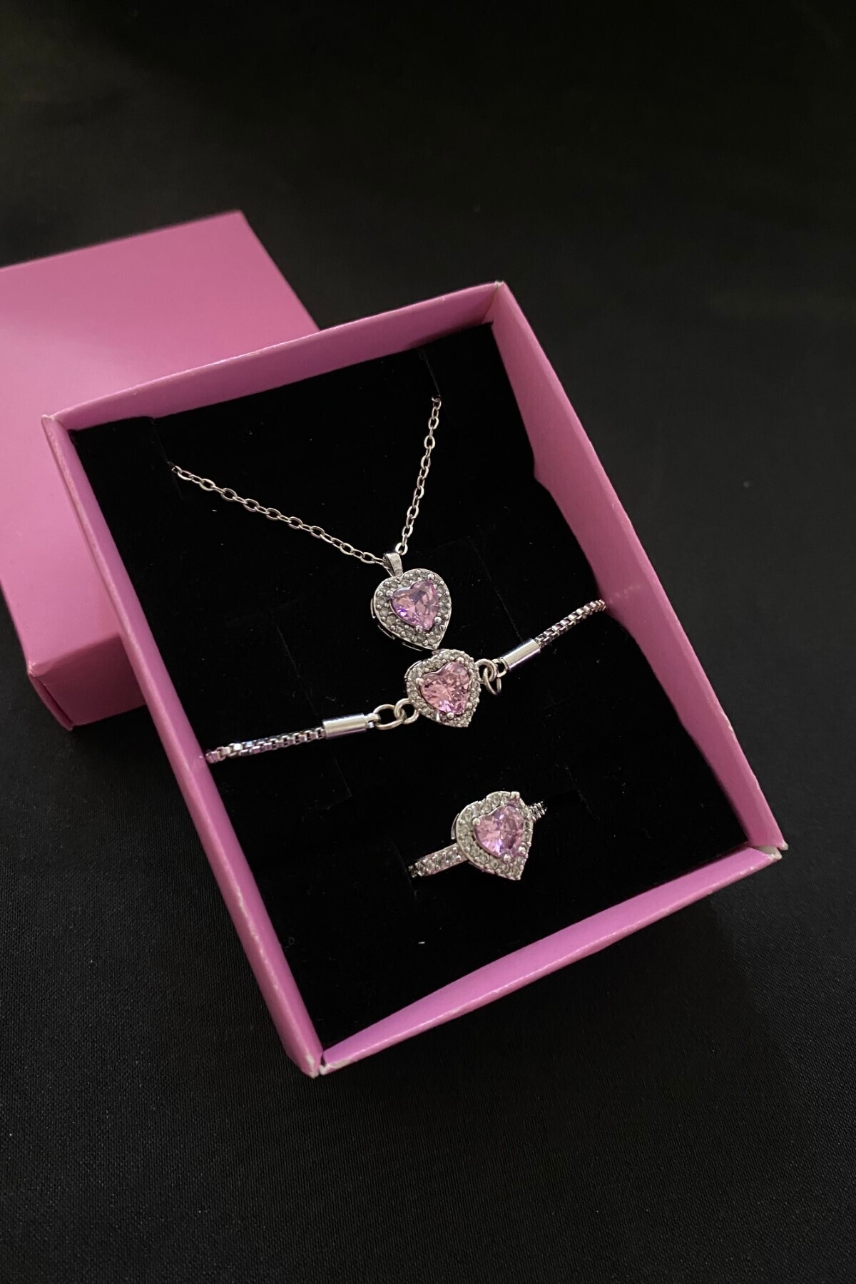 3-Piece Steel Heart Necklace Heart Ring Heart Bracelet Set February 14 Valentine's Day Gift