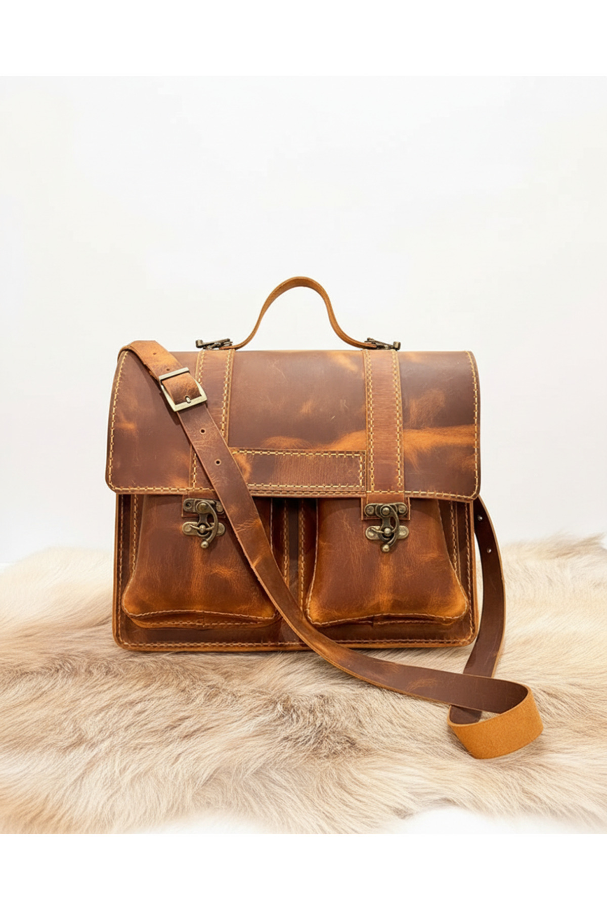 Taşhan Çarşı  Hakiki Deri Unisex Evrak Çantası - 34x29x10 cm El İşçiliği Taba Laptop ve Dosya Çantası