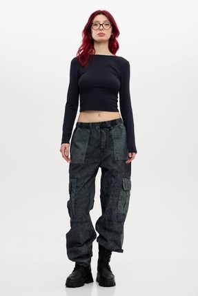 subr Haki Siyah Lastikli Bol Kesim Kargo Pantolon