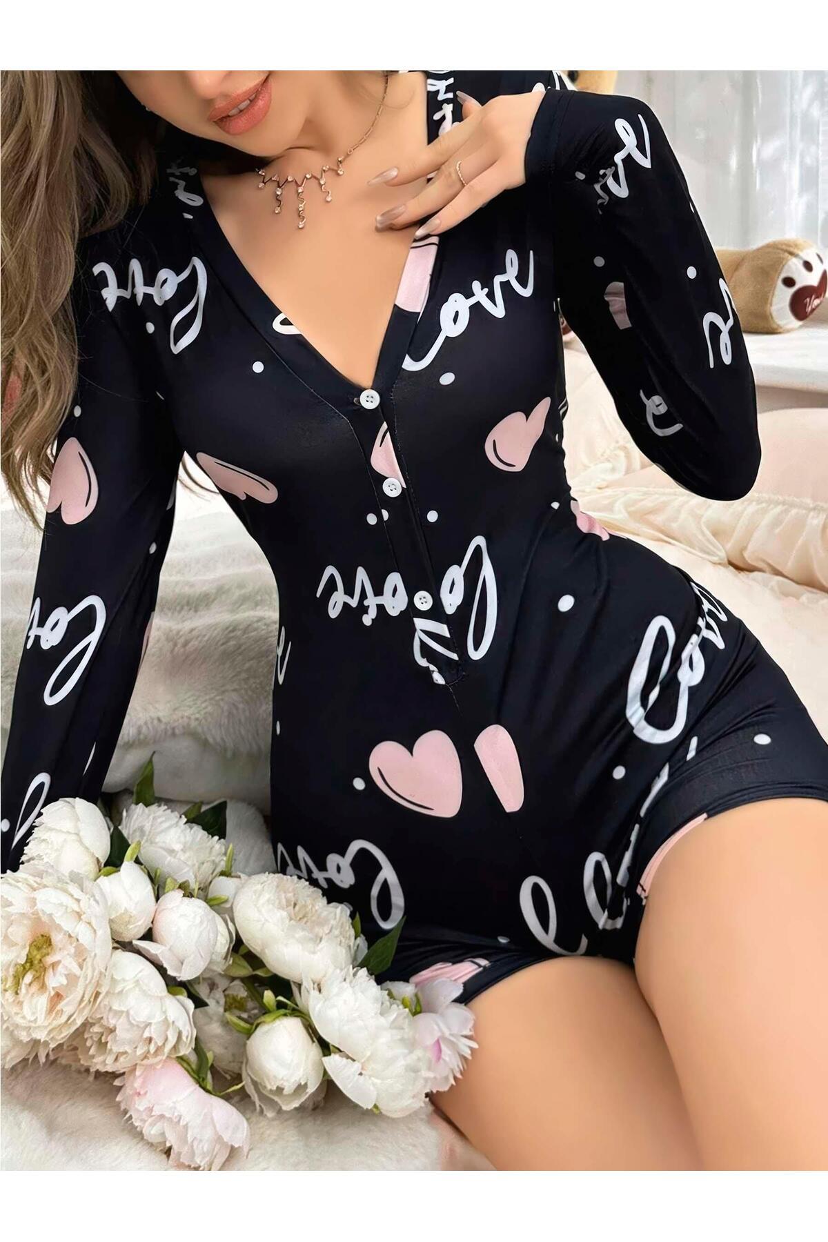 HELLO PAPANA Kadın Siyah Kalp Desenli Love Yazılı Pijama Tulumu 5124