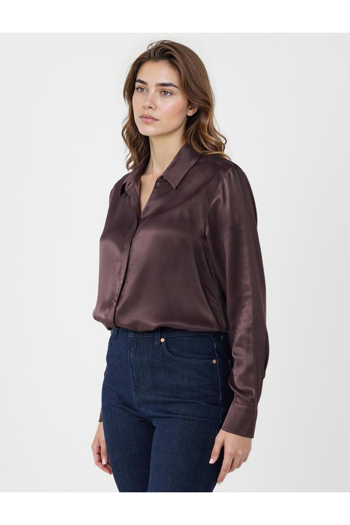 Jimmy Key  Acı Kahve Uzun Kollu Rahat Kesim Saten Gömlek - Görsel 3