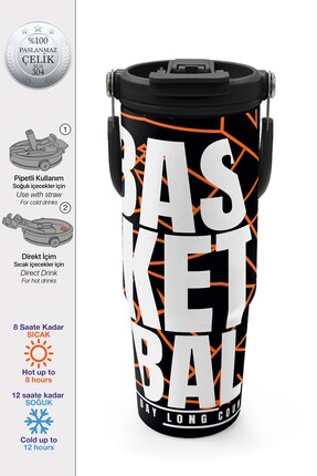 Coral High Basketbol Desenli Pipetli ve Direkt İçim Çelik Termos 900 ml 38743