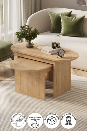 Bofigo 2li Orta Sehpa Dekoratif Sehpa Yan Sehpa Açelya Safir Meşe