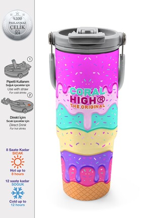 Coral High Dondurma Desenli Pipetli ve Direkt İçim Çelik Termos 900 ml 38741