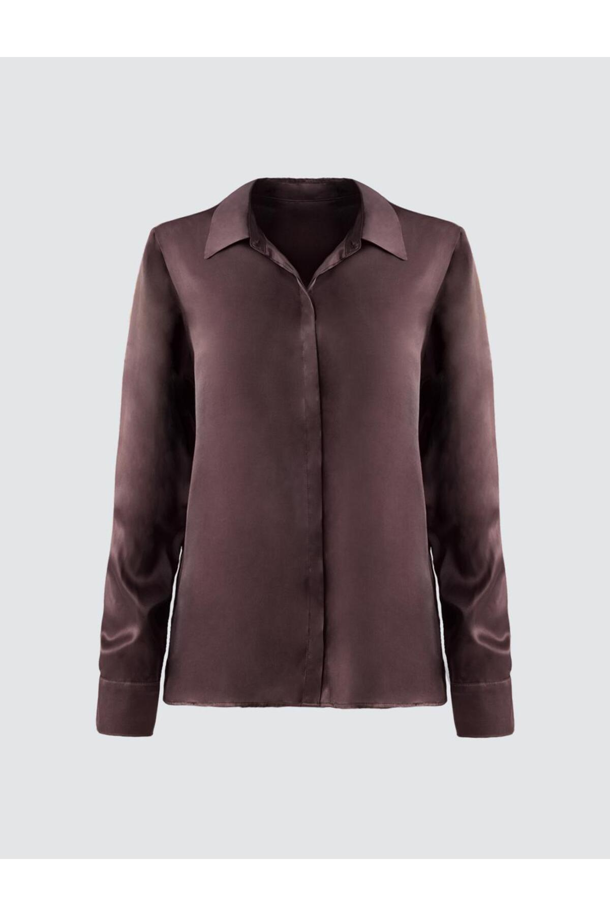 Jimmy Key  Acı Kahve Uzun Kollu Rahat Kesim Saten Gömlek - Görsel 6
