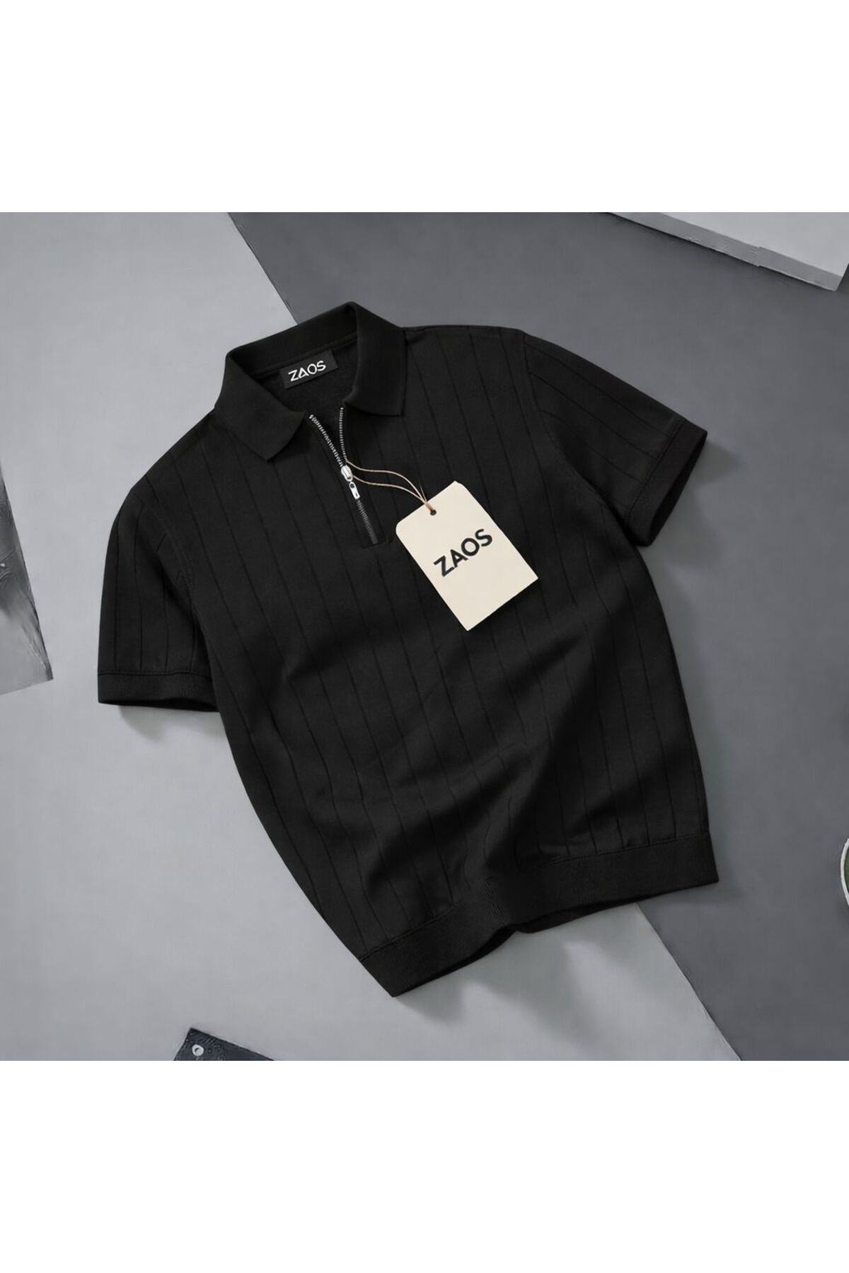zs zaos fashion men's polo collar zippered textured knit t-shirt cotton quality stretchy comfortable regular fit t-shirt