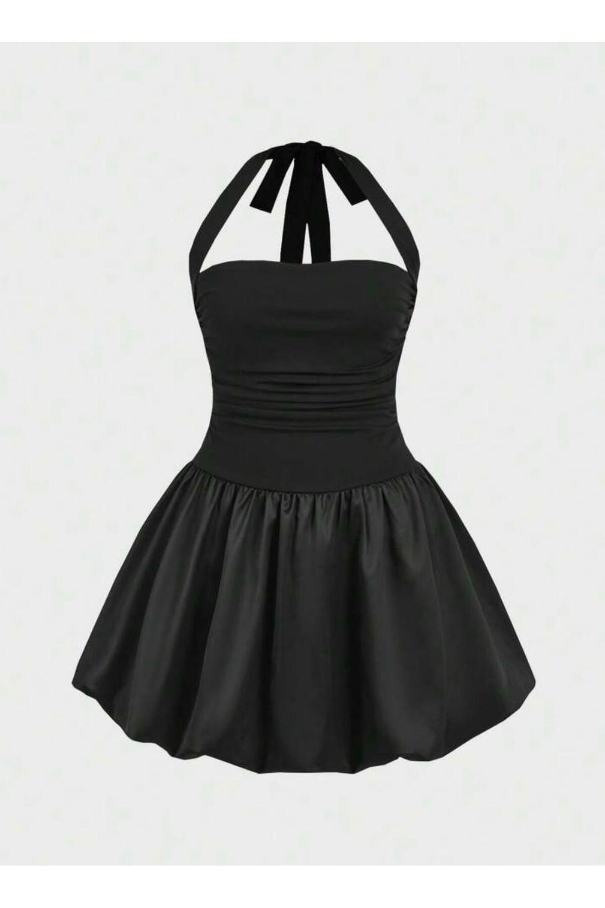 MEGOMEL  Boyundan Bağlama Detaylı Kolsuz Balon Mini Elbise - Görsel 2