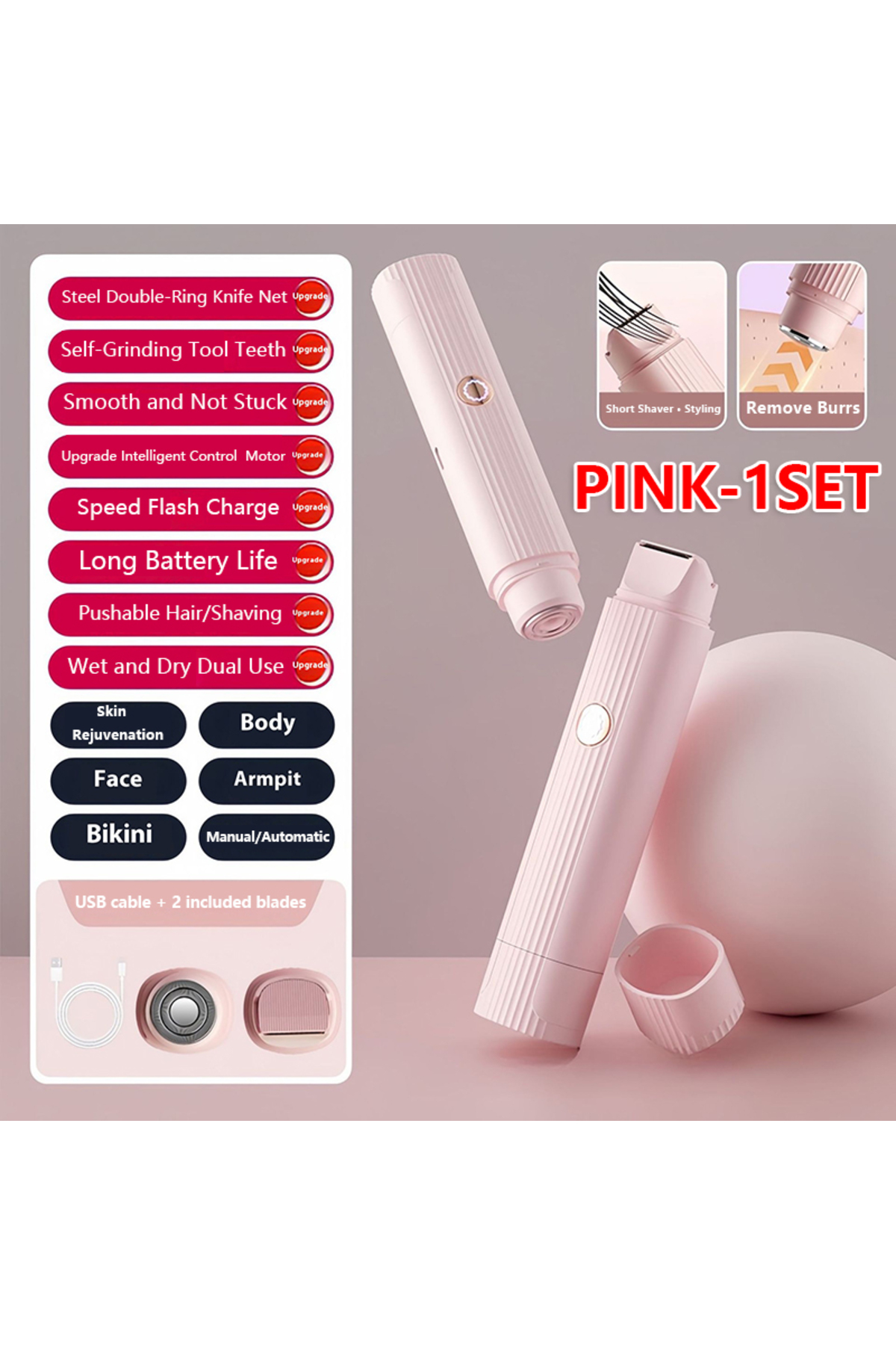 Pink Electirc Razor Choice PINK-1SET 2026 New 2in1 Electric Razor for Women Painless Hair ...
