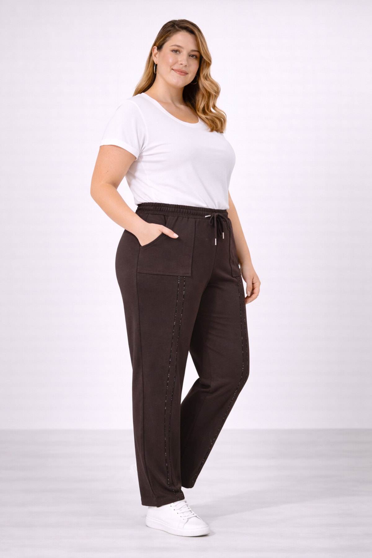 Şans  Kadın Büyük Beden Kahverengi, Bel Lastikli, Ön Taş İşli Cepli Eşofman Alt 65N39394 - Görsel 6