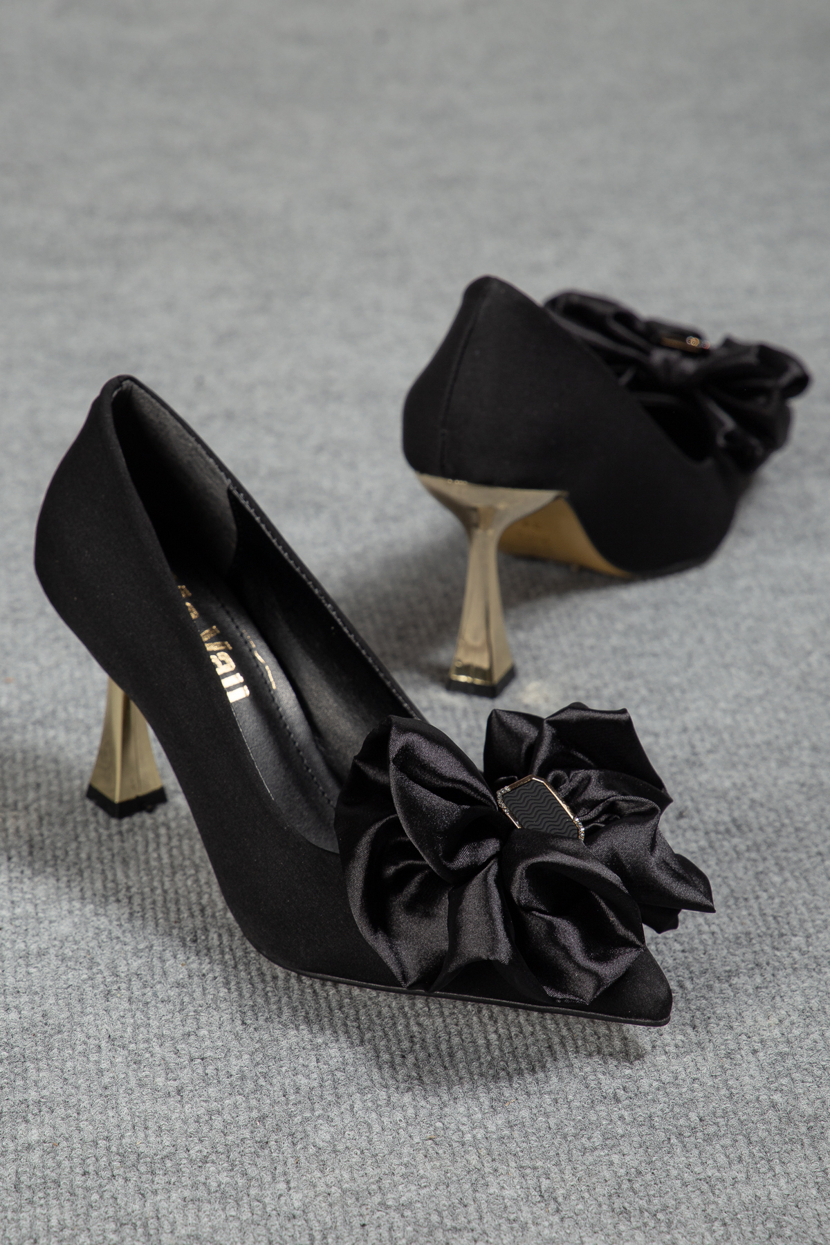 Vegan Leather Gold Slim Heel Satin Bowknot Detailed Stylish Women's Stiletto