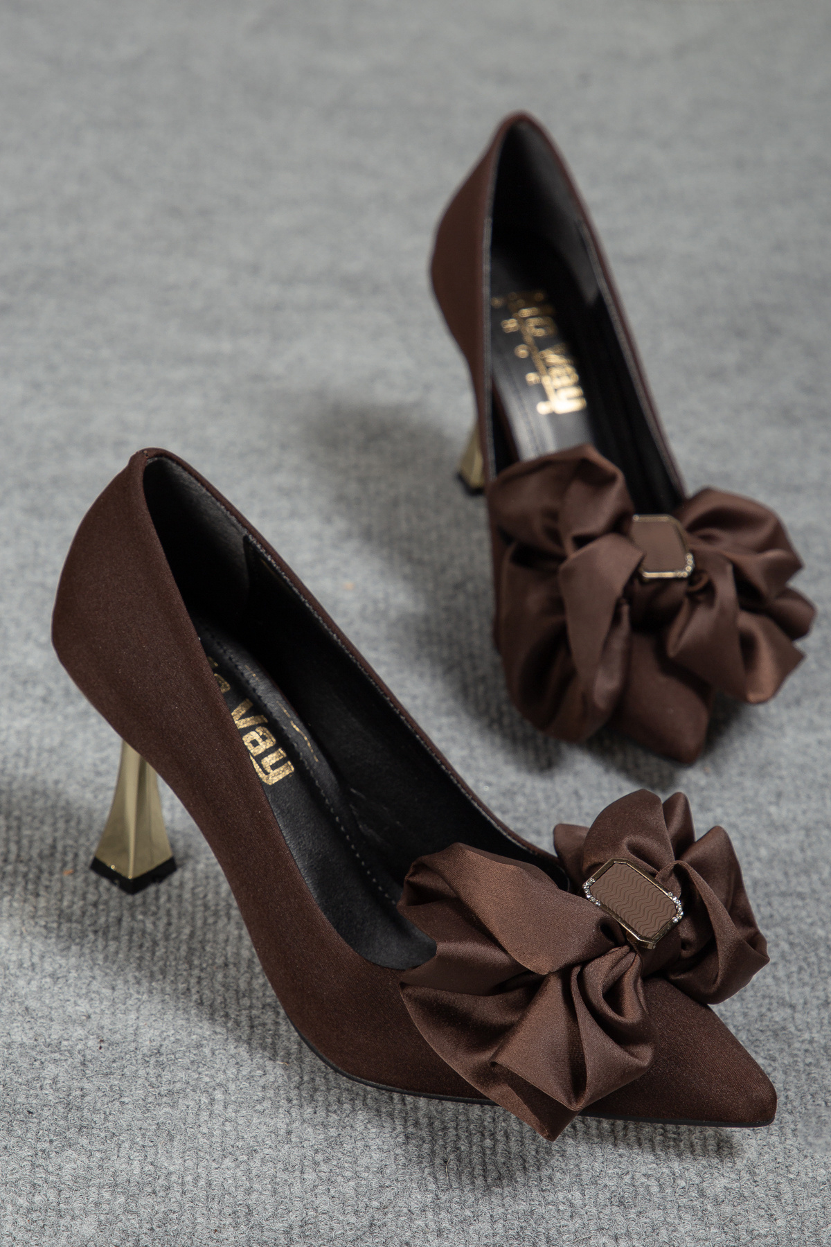 Vegan Leather Gold Slim Heel Satin Bowknot Detailed Stylish Women's Stiletto