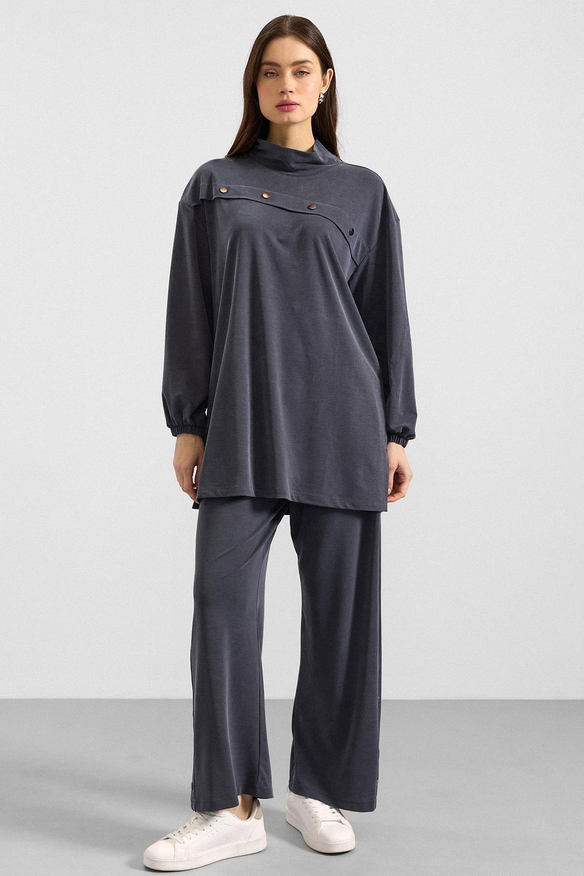Olcay Premium Fabric Sweat Pant Set with Metal Accessories Dark