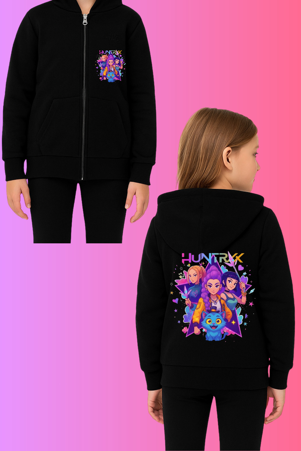 MECH BUTİK K-Pop Demon Hunter Huntrix Baskılı Siyah Fermuarlı Yeni