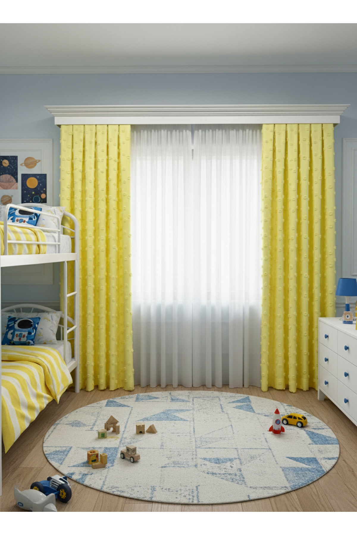 Yellow Color Children's Room Pompom Puffy Background Curtain 1/3 FREQUENT PLEAT