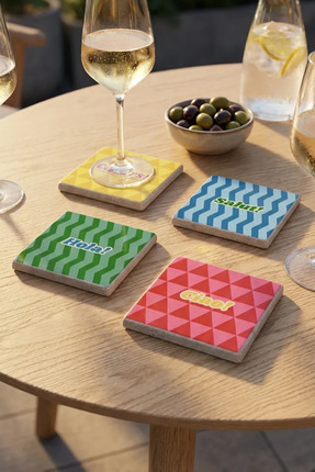 Baumatelier Renkli Desenli, Italian Tile Temalı Doğal Taş Traverten Bardak Al...