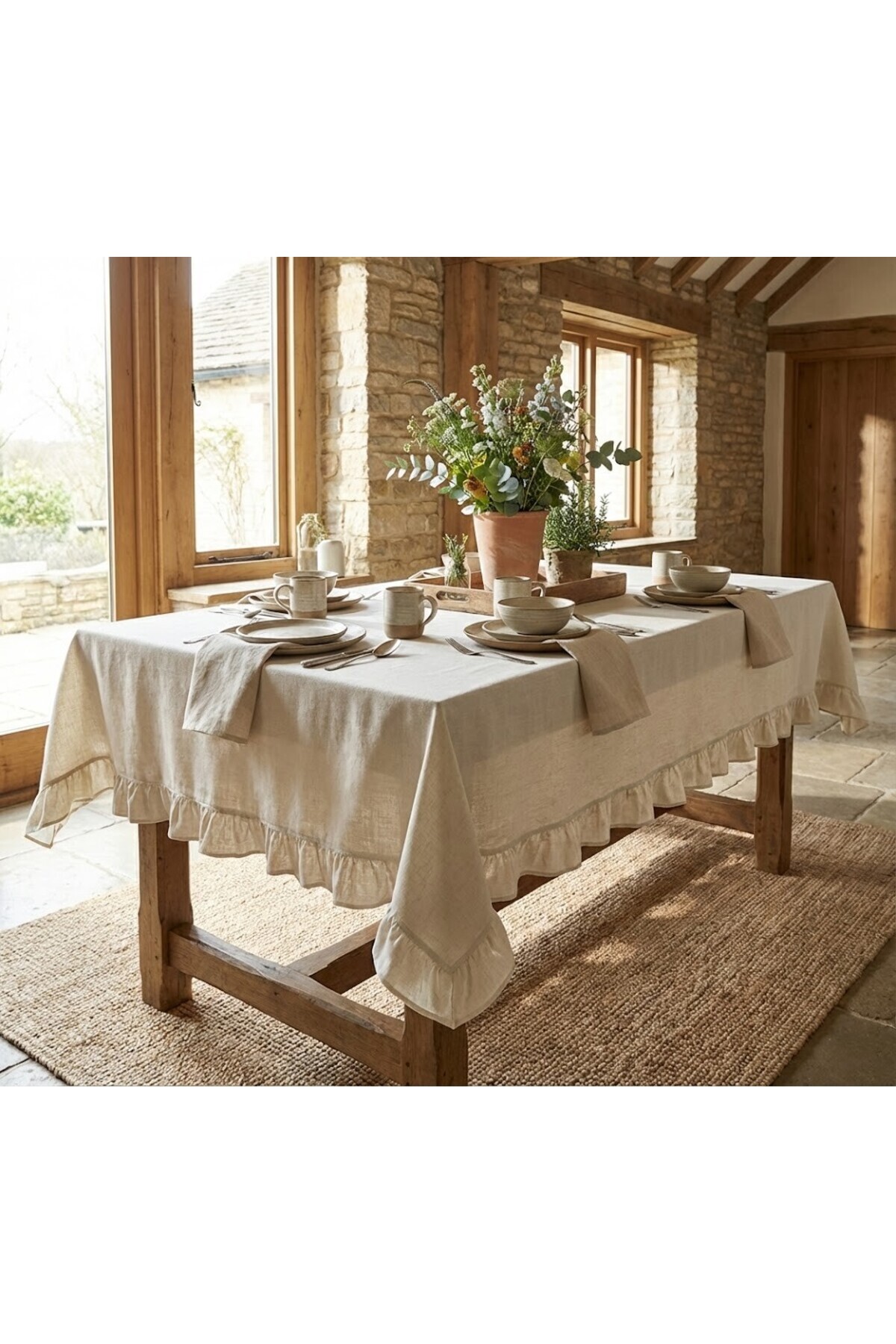 100% Raw Cotton Linen Ruffle Bohemian Tablecloth - Kitchen Living Room Tablecloth