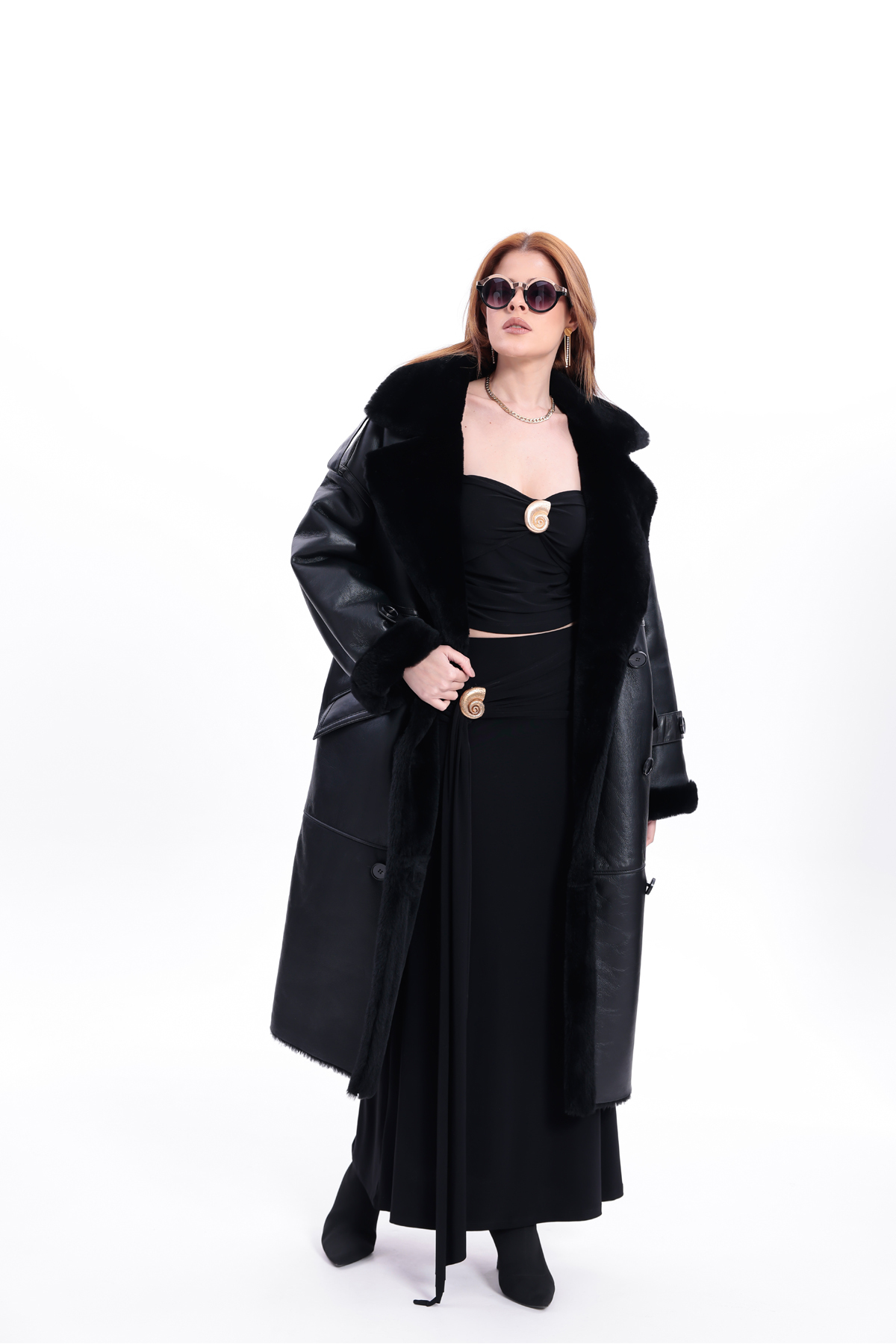 By Marki Marki  Kadın Hakiki Deri Uzun Palto Siyah Oversize Kruvaze Düğmeli içi Kürklü 115 cm - Görsel 5