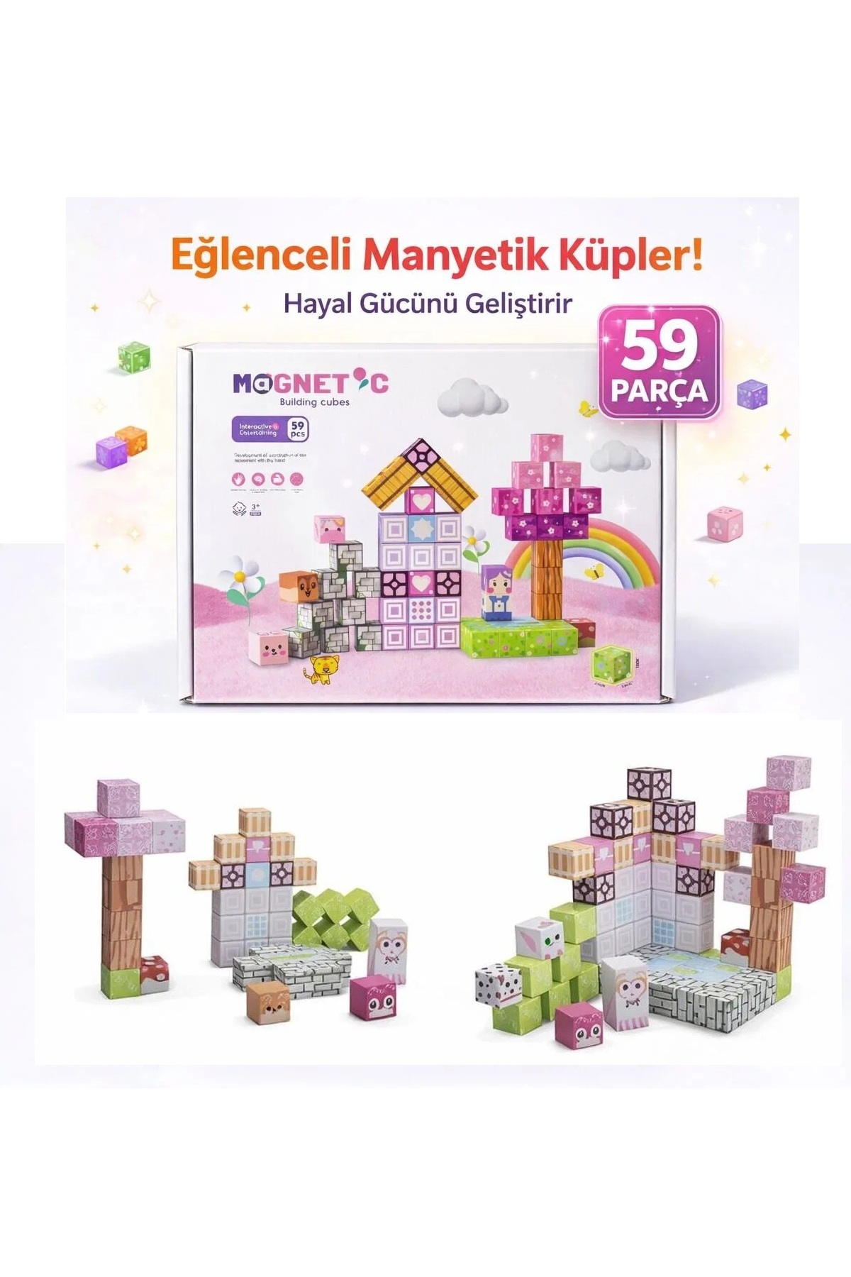 Manyetik Yapı Blokları 59 Parça – Çocuklar Için Eğitici Oyuncak Seti Minecraft Mıknatıslı Küpler