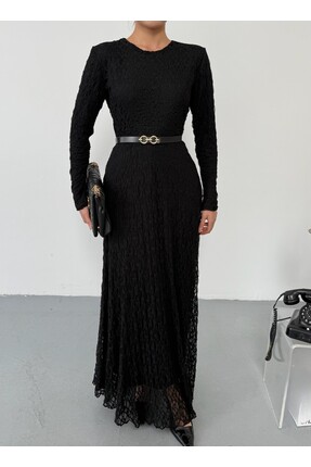 Viskosa Kemer Detaylı Uzun Astarlı Dantel Elbise