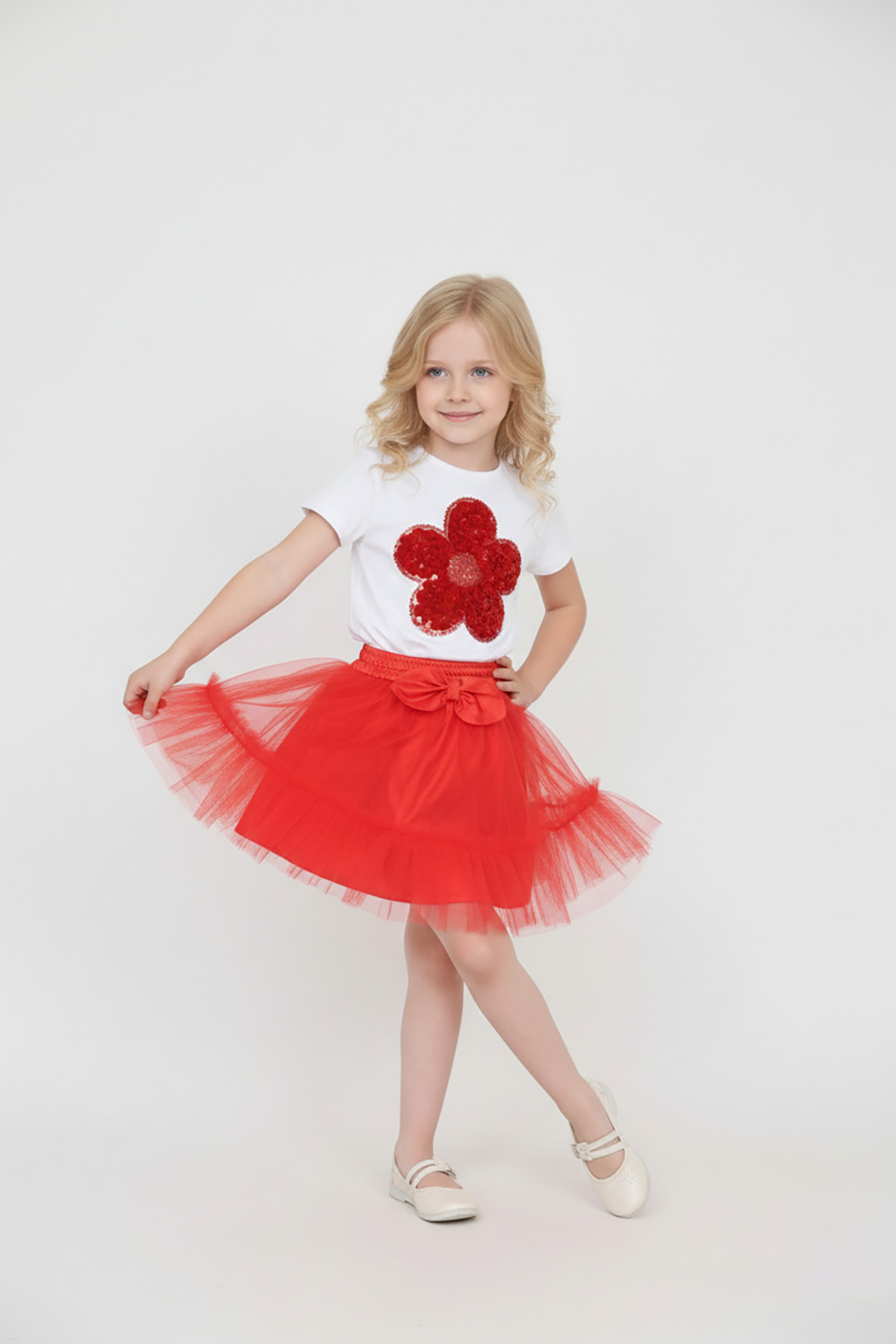 Girls Red Daisy T-Shirt Elastic Waist Frilly Skirt Set April 23 Showwear
