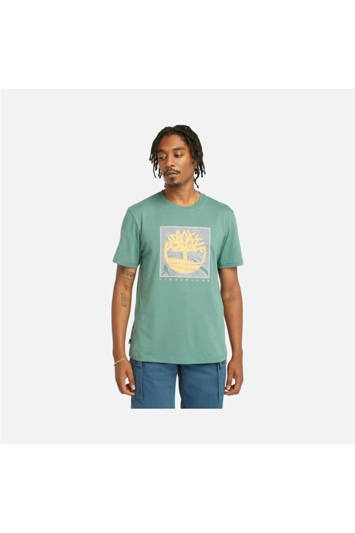تیمبرلند تی شرت یقه گرد فیروزه ای مردانه طرح جلو گرافیکی