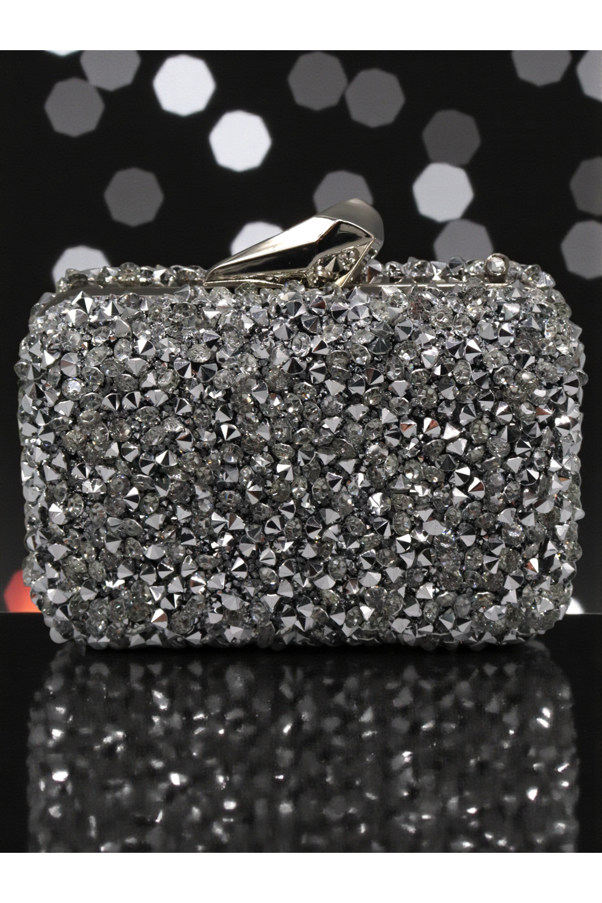 HFKY Kristal Taşlı Mini Abiye Çanta. Gümüş Gece Çantası görsel 2