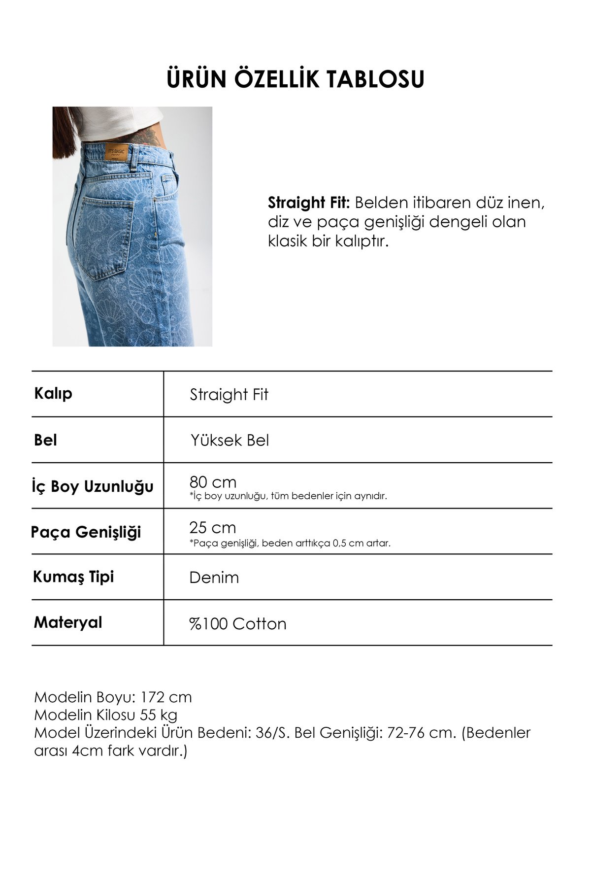 it's basic  Kadın Kot Rengi 2s6-27 Straight Fit Yüksek Bel %100 Koton Tasarım Denim Jean - Görsel 7