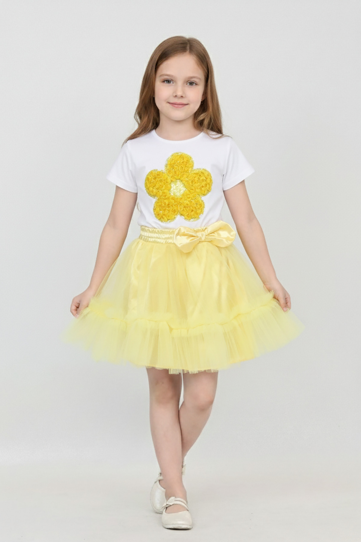 Girls Yellow Daisy T-Shirt Elastic Waist Frilly Skirt Set April 23 Showwear