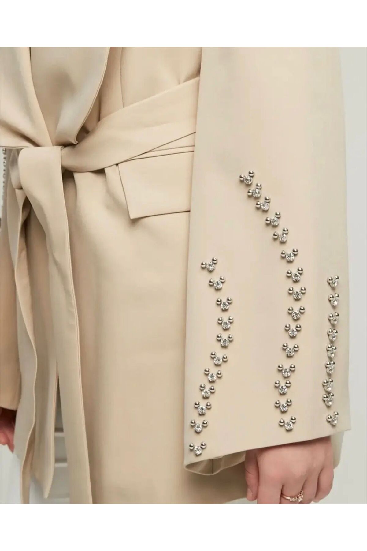 modahira  Kadın Taş Şerit Detaylı Bej Blazer Ceket - Görsel 3