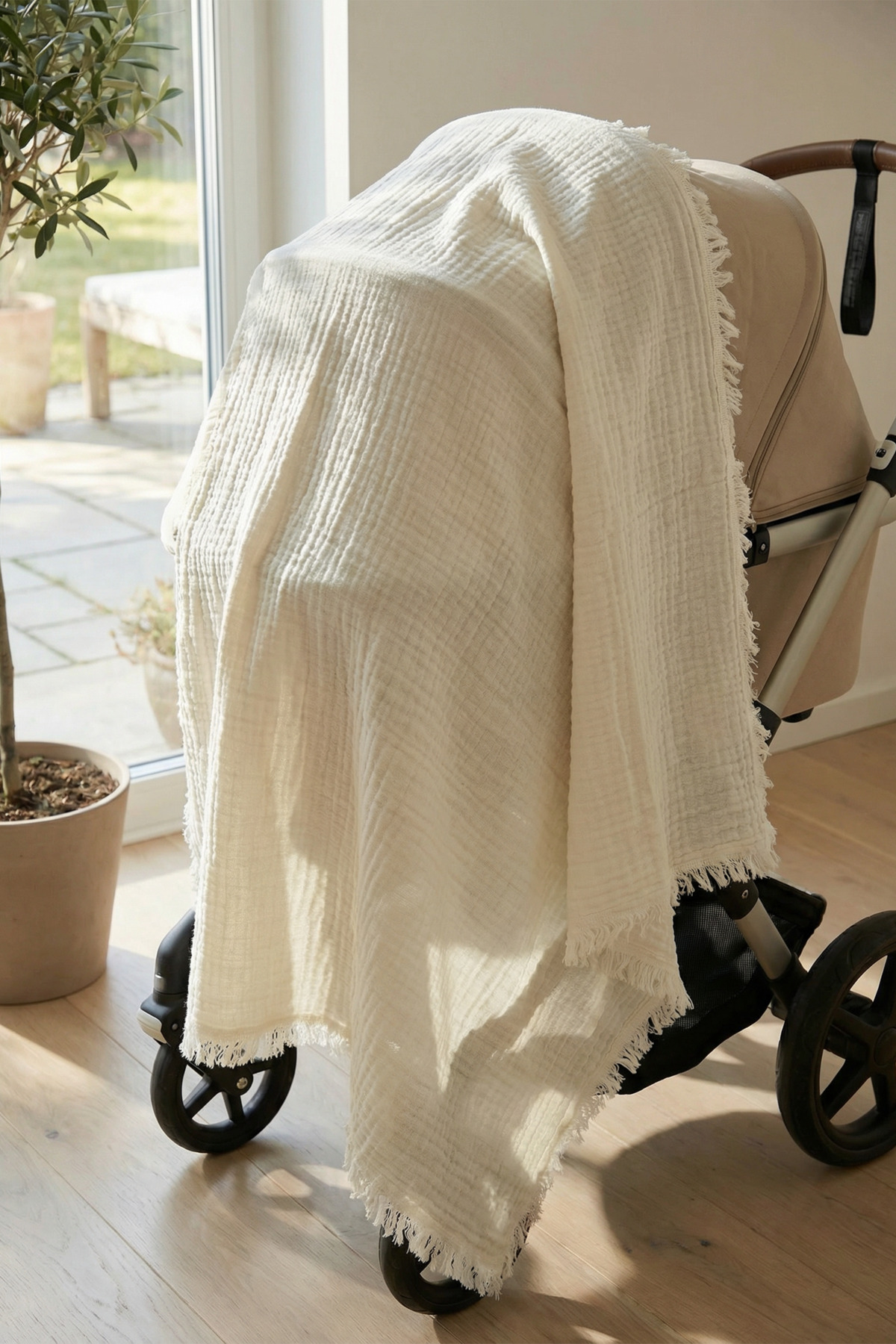 HAMUR Müslin Bebek Pikesi %100 Pamuk 85x100 cm Yenidoğan Bebek Arabası Puset Örtüsü Kundak Battaniye Ekru fotoğrafı 4 (önizleme)