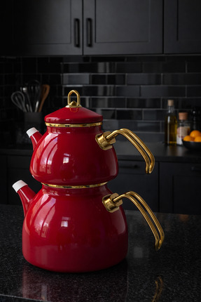 CookaHome Cooka Home Emaye Çaydanlık Takımı | Kırmızı Gold Detaylı | 1,1 L De...