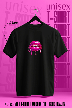 Gadali Unisex Mor Boyalı Dudak Baskılı T-shirt