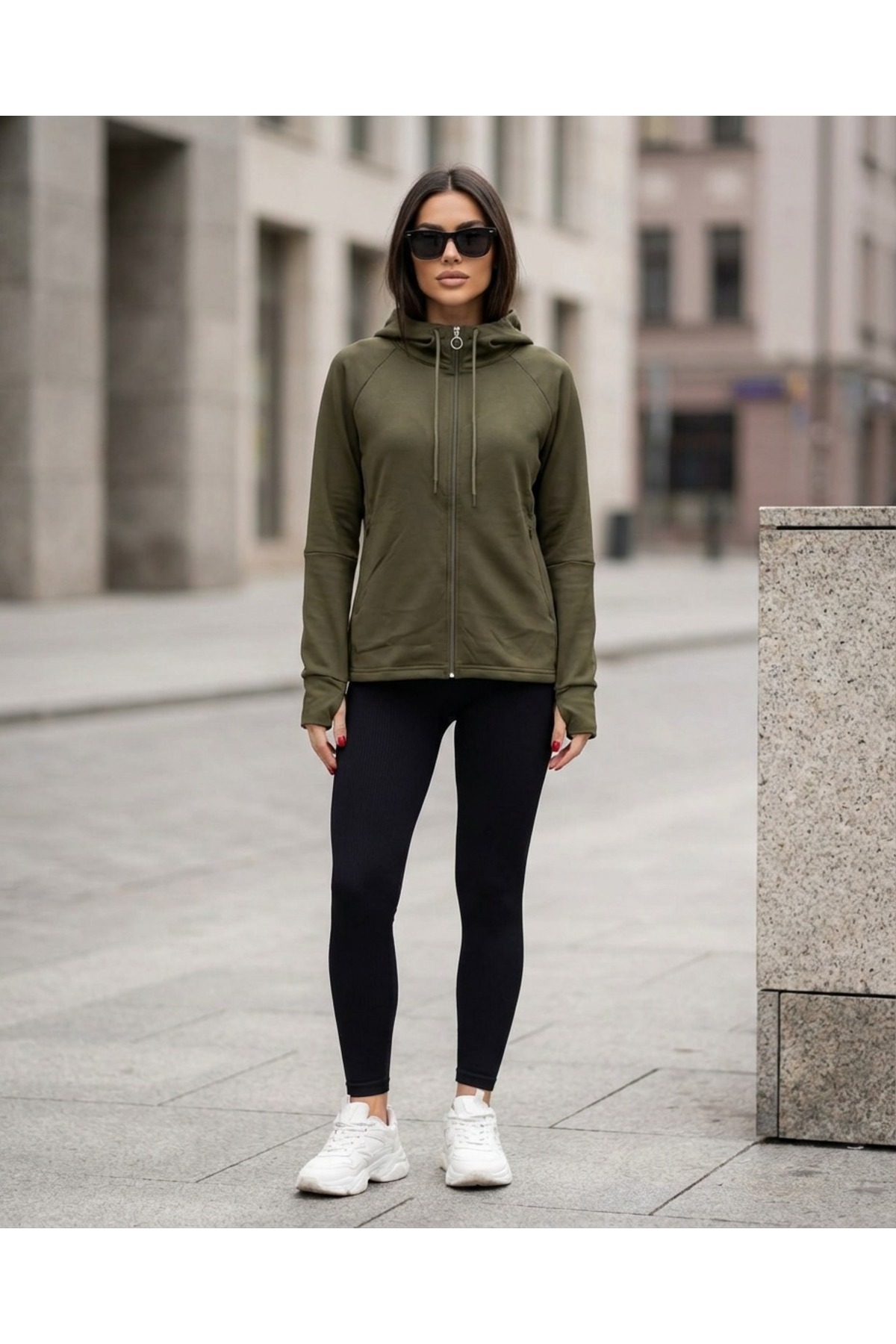 Grenj Fashion Haki Başparmak Delikli İçi Şardonlu Kışlık Örme Spor Ceket/Sweatshirt görsel 2