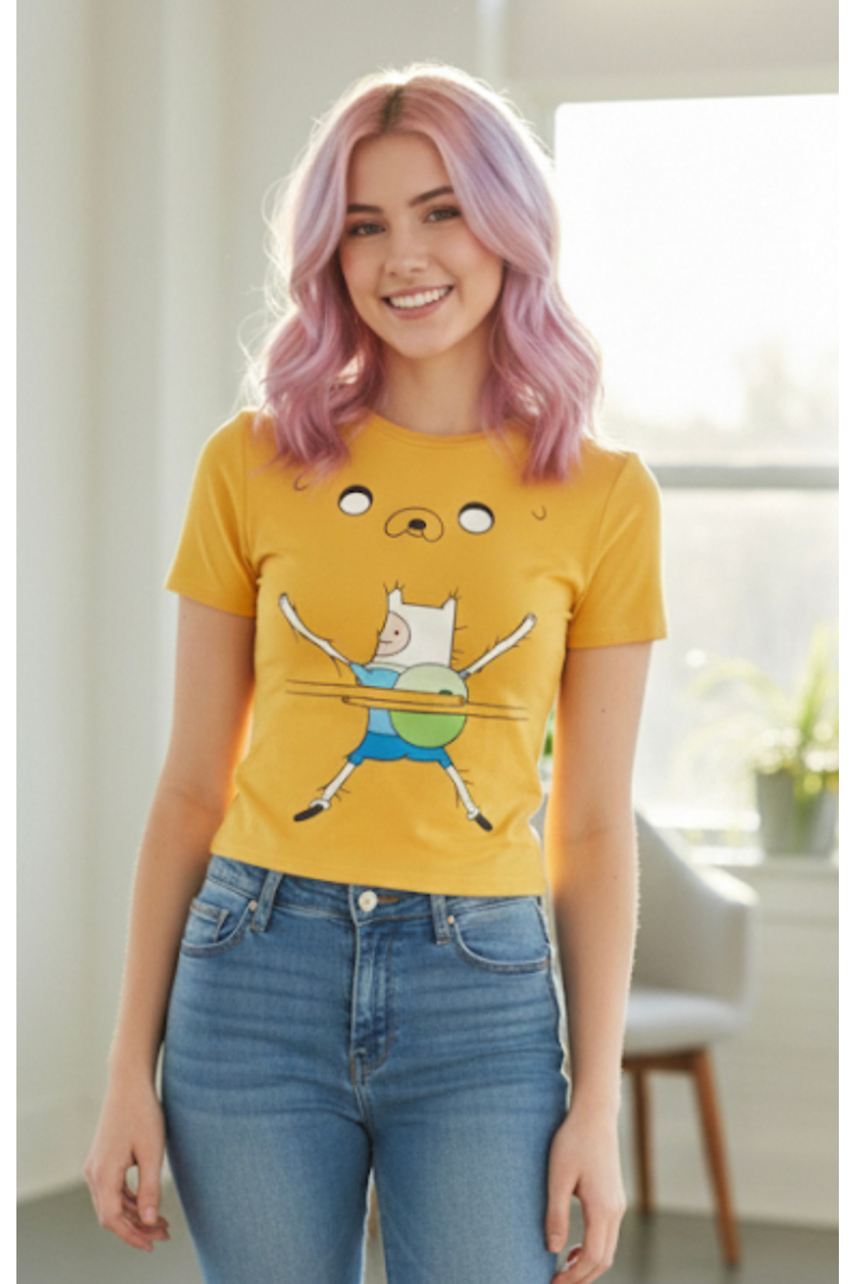 Köstebek Adventure Time Fin and Jack Y2K Kısa Kollu Crop Bluz