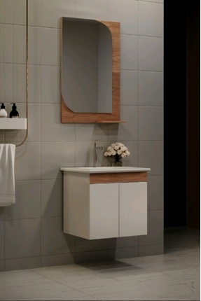 LAPİNO 50 cm Banyo Dolabı Takımı - Ahşap Detaylı Beyaz Alt Modül ve Asimetrik...