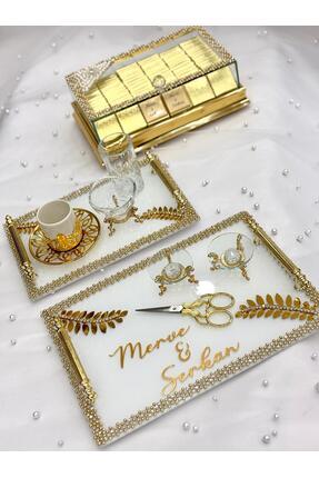 GÜRLEK TEKSTİL Topaz Nişan Tepsisi Kız Isteme Tepsi Makas Yüzüklük Damat Kahv...