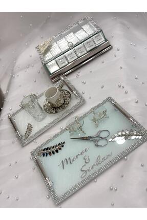 GÜRLEK TEKSTİL Topaz Nişan Tepsisi Kız Isteme Tepsi Makas Yüzüklük Damat Kahv...