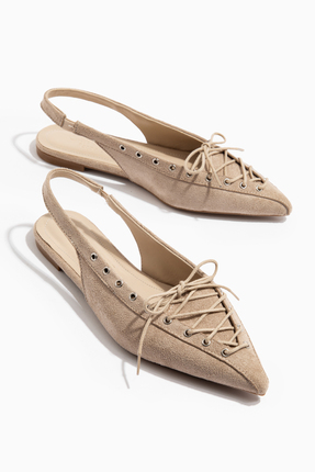 camaiore Bej Süet Kadın Bağcıklı Sivri Burun Babet Ortopedik Tabanlı Günlük A...