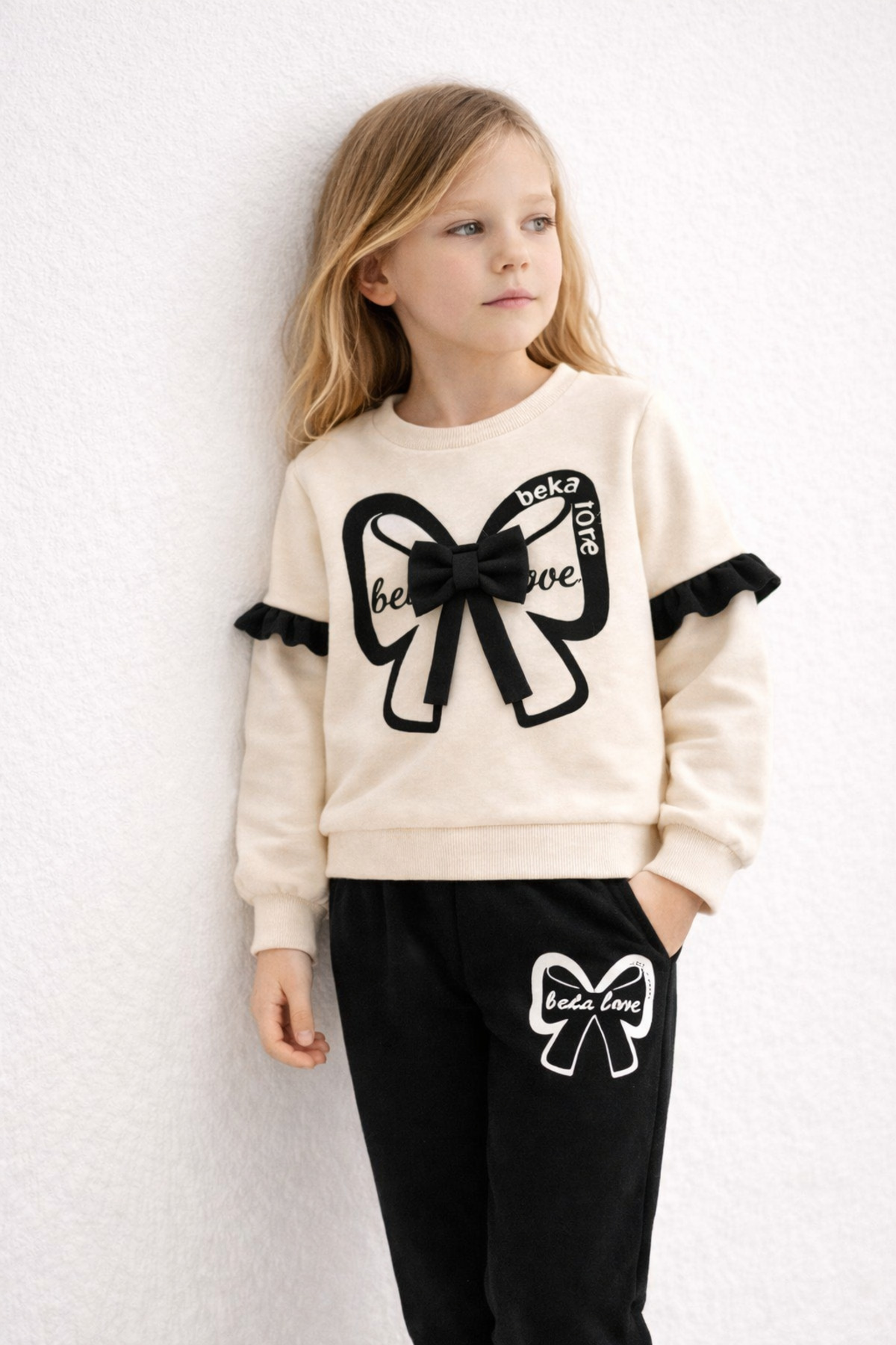 Girl Ribbon Detailed Black Sweatshirt Pants Bottom Top Set