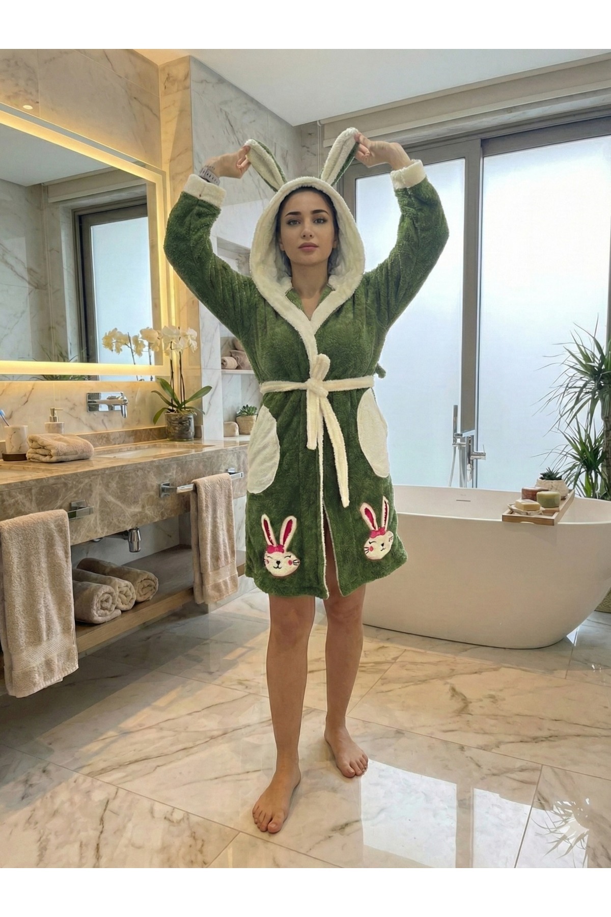 WELSOFT RABBIT EMBROIDERED ROBE WITH HOOD