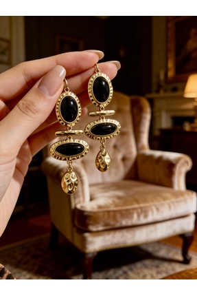 ayoljewelry Vintage Gold Dövme Dokulu Siyah Çelik Küpe
