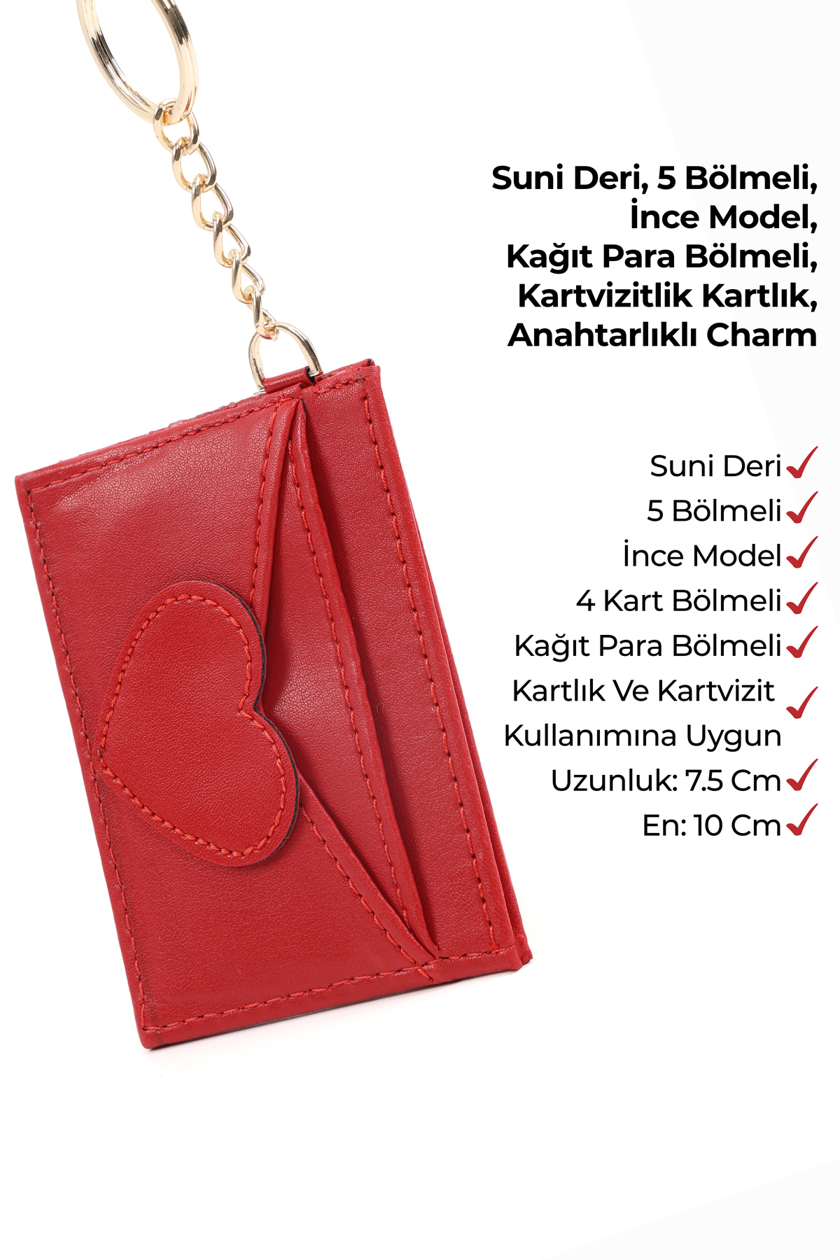 SHAKA Kırmızı SHK134 Suni Deri,Beş Bölmeli,Kalp Figürlü Kartlık ve Çanta Charmı görsel 5