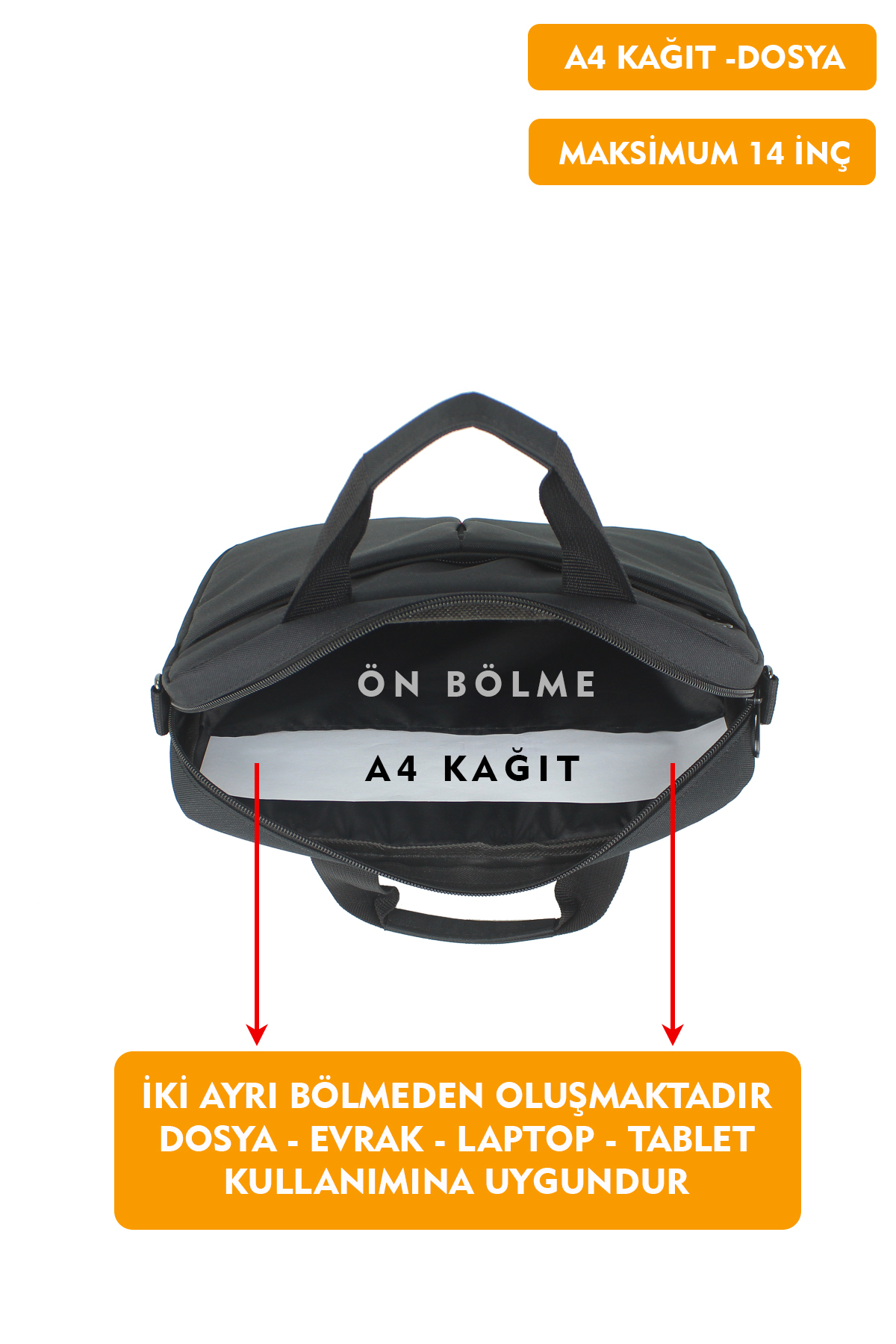 Dada  13,3"-14" inç Laptop Evrak Çantası Tablet A4 Kağıt ve Dosya Uyumlu Darbe Emici Koruma Omuz Askılı - Görsel 3