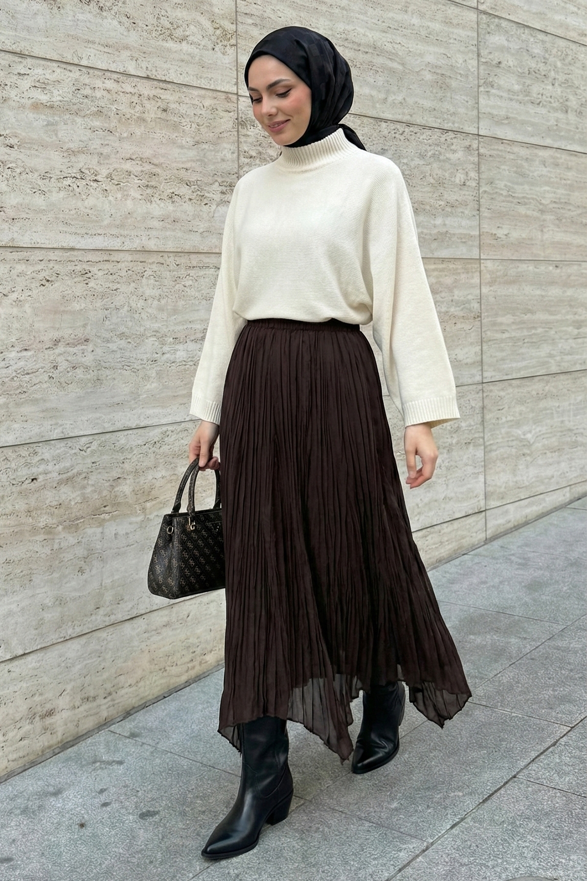 InStyle  Asimetrik Kahverengi Tül Etek - Görsel 4