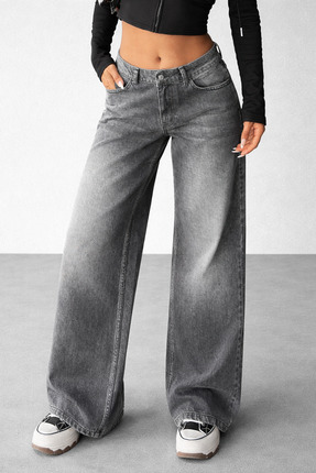 Polo State Kadın Gri Yıkamalı Bol Paça Düşük Bel Wide Leg Jean Pantolon