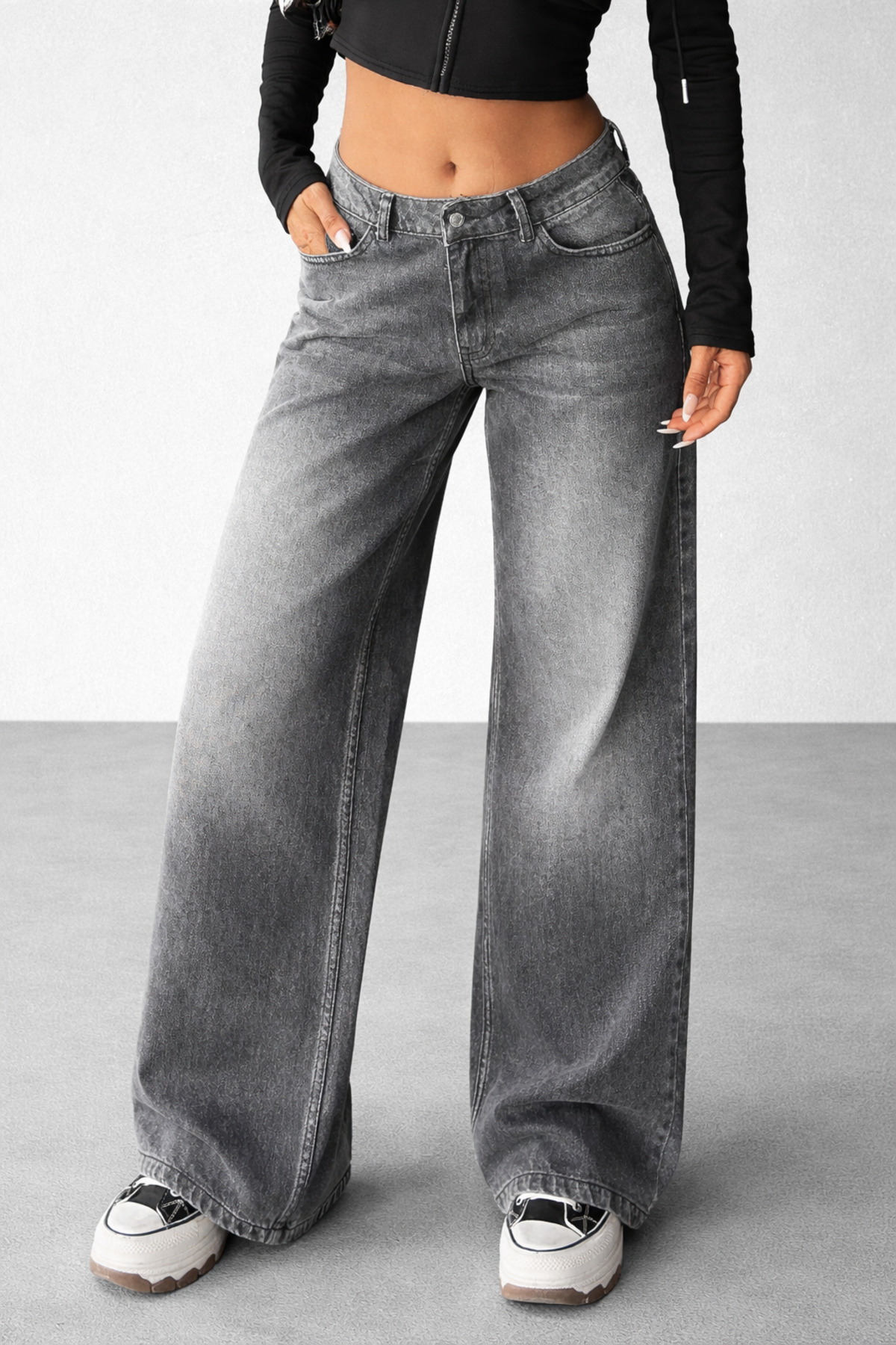 Polo State  Kadın Gri Yıkamalı Bol Paça Düşük Bel Wide Leg Jean Pantolon