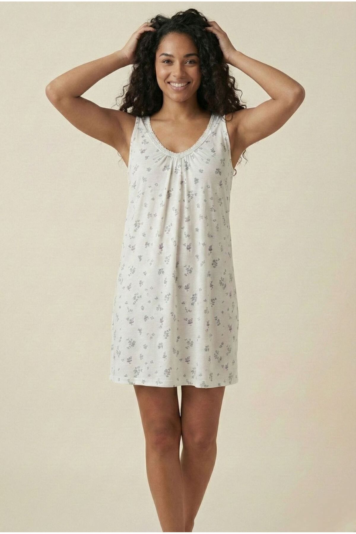 MOYHIO Ekru Dantelli Desenli Esnek Viskon Kadın Gecelik - Terletmeyen Yumuşak Dokulu Yazlık Ev Elbisesi