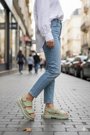 Shoemix Kadın Yeşil Cırt Cırtlı Kalın Tabanlı Casual Sandalet Günlük Konforlu...