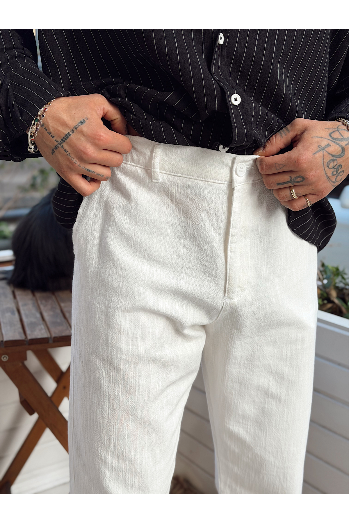 manch collection  İtalyan Kesim Keten Pantolon Beyaz - Görsel 2